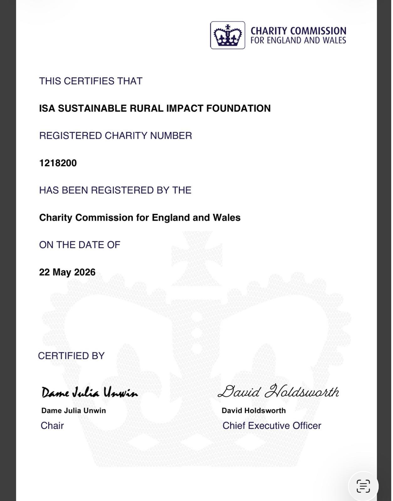 Charity Commission registration certificate for ISA Sustainable Rural Impact Foundation